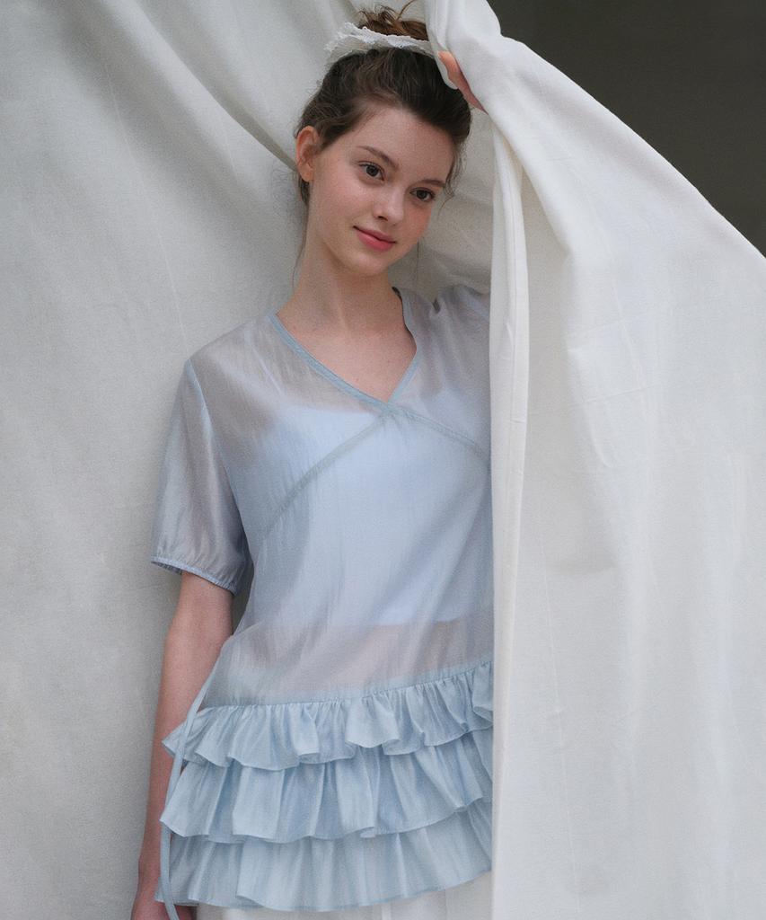 HANE Tencel Glow Sheer Frill Blouse_Air Sky