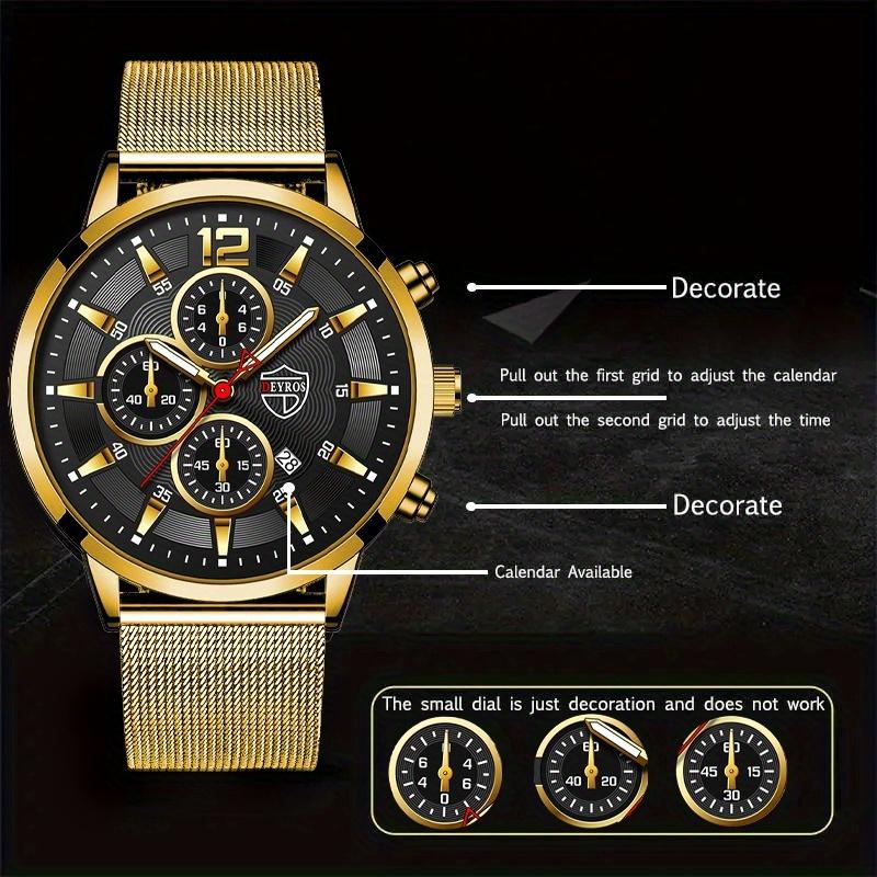 3pcs/set Fashion Men's Sports Stainless Steel Mesh Belt Quartz Watch & Bracelet Neckalce Set