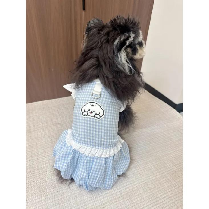 Cute Blue Plaid Dog Dress Breathable Bow Puppy Summer Clothes With Traction Harness For Small Medium Teddy Chihuahua Dog Clothes