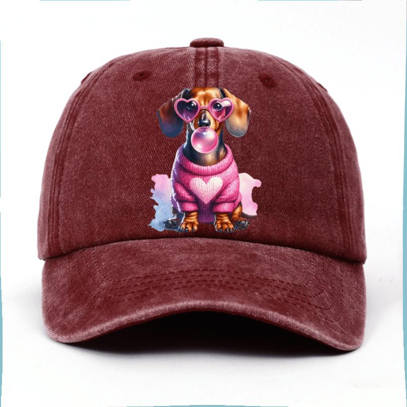Dachshund Dog Bubble Gum Pink Heart Glasses Print Baseball Cap Cotton Adjustable Casual Hat