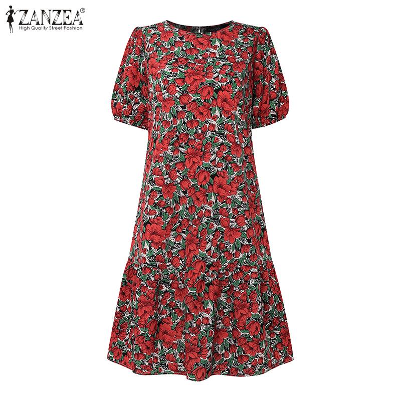 ZANZEA Women Casual Round Neck Short Sleeve Summer Floral Dress