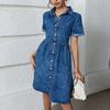 Женские летние джинсовые платья, однобортное джинсовое платье на пуговицах, платья длиной до колена с коротким рукавом и отложным воротником