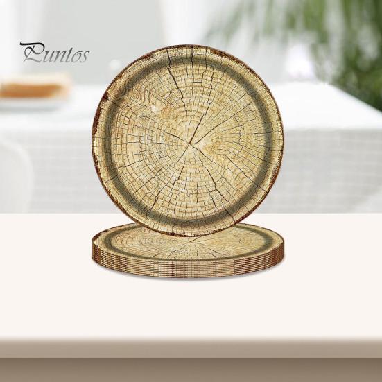 10Pcs Round Wood Grain Paper Tray Food Grade Paper Dinner Plates Decorative Picnic Party Tableware Decoration
