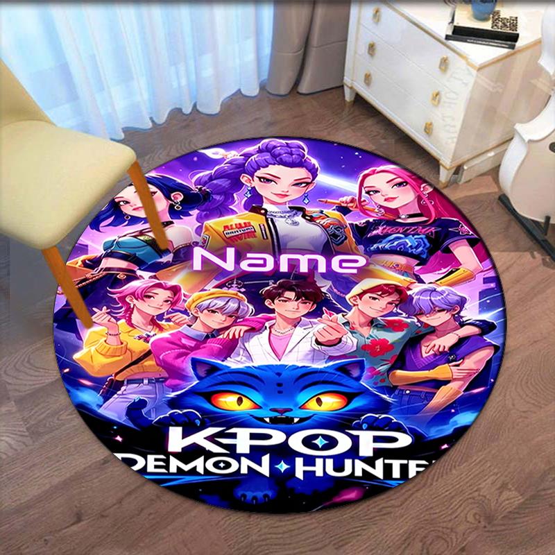Custom Name KPop Demon Hunters Printed Round Rug Carpet Chair Rug Area Rug Entryway Doormats,for Office Chair Living Room Bedroom Kitchen Room.