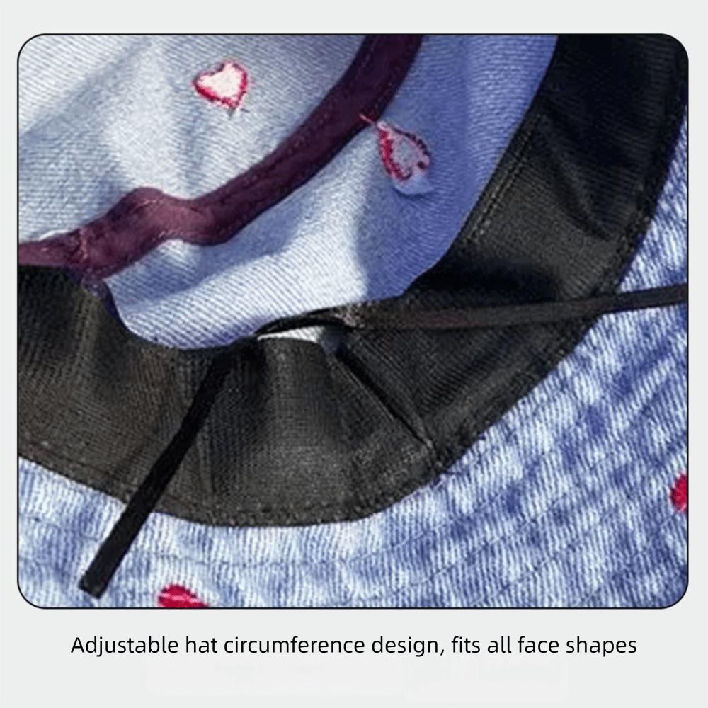 Love Heart Embroidery Denim Fisherman Hat Versatile Sun Protection Hat Fashion Bucket Hat Women