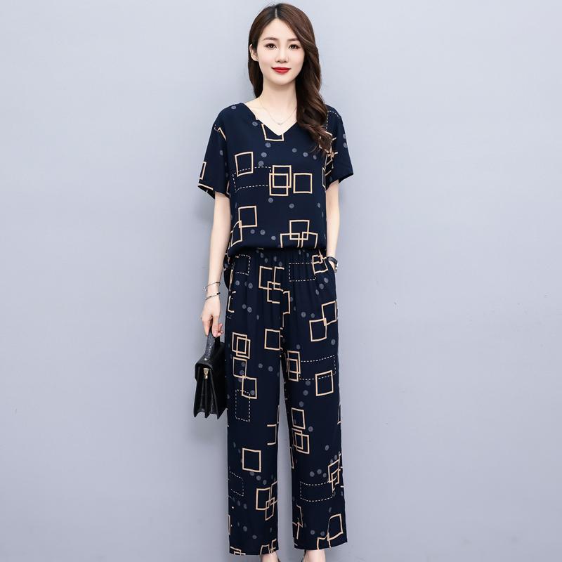 Женский летний костюм среднего возраста, новые элегантные комплекты из двух предметов, женские наряды, свободный винтажный комплект с широкими брюками с принтом