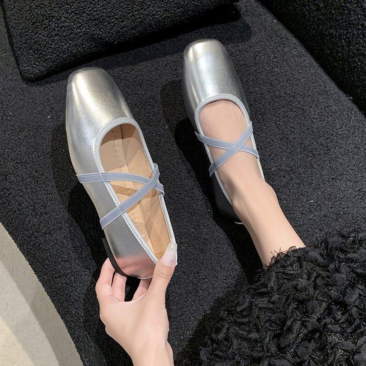 Retro Low-heeled Silver Mary Jane Shoes Autumn 2024 New Square Head Cross Outer Wear Ballet Shoes Women