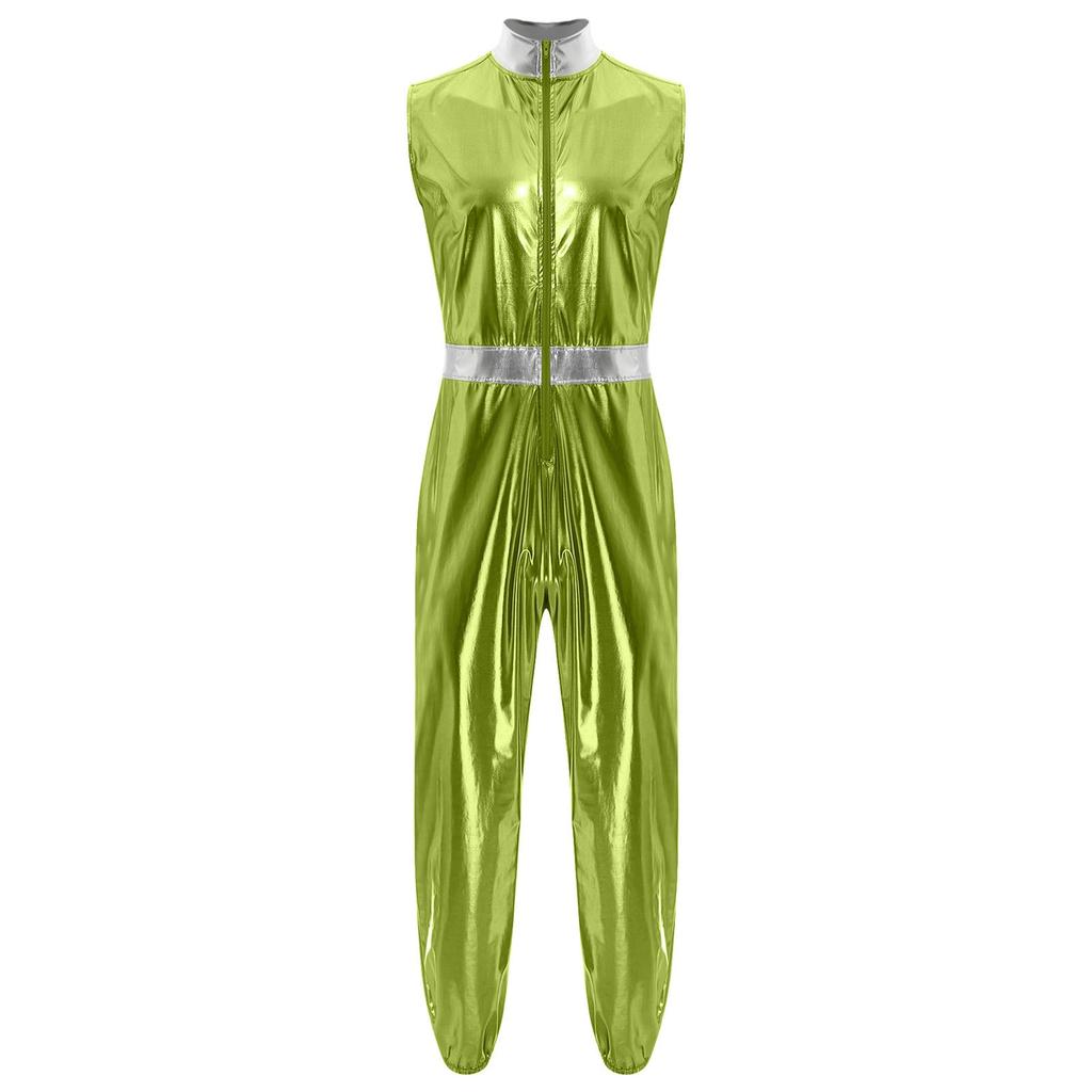 Mens Shiny Metallic Sleeveless Full Length Zipper Jumpsuit Bodysuit