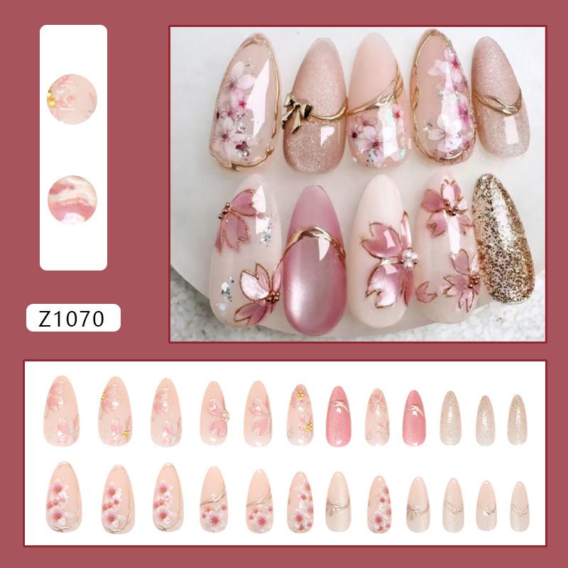 Cat's Eye Gilt Flower White Sweet Versatile Medium and Long Almond Nail Removable Manicure 24 Pieces