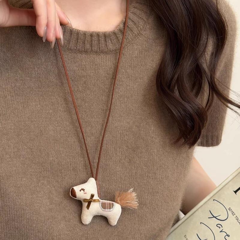 LATS Cute Cartoon Fabric Plush Pony Pendant Necklace for Women Long Rope Sweater Chain Fashion Zircon Accessory