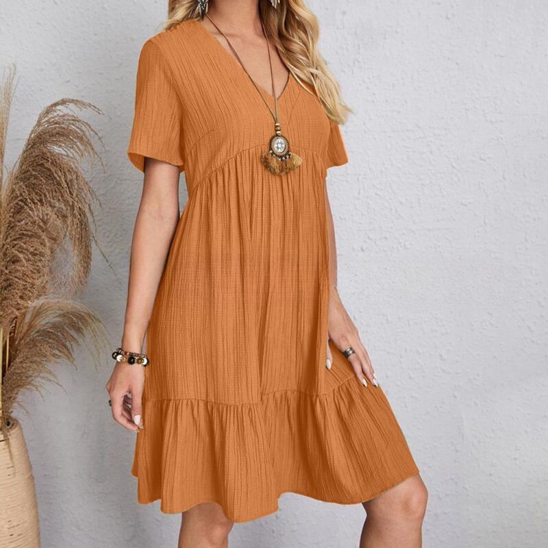 Short Sleeve Fashion Loose Casual Womens Dress Summer Elegant A Line Pleated Solid Plus Size Dresses Women Simple Vintage Vacation Beach Dress 26315