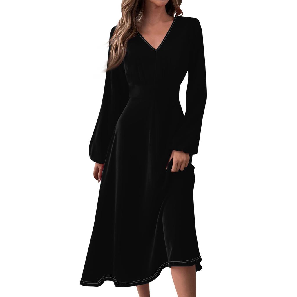 Women's Autumn And Winter Casual Fashion V-neck Long Sleeve Solid Color Long Dress