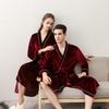 Women's Sexy Spring Autumn Bathrobe Couples Lace Up V-neck Robe Pleuche Sleepwear with Pockets