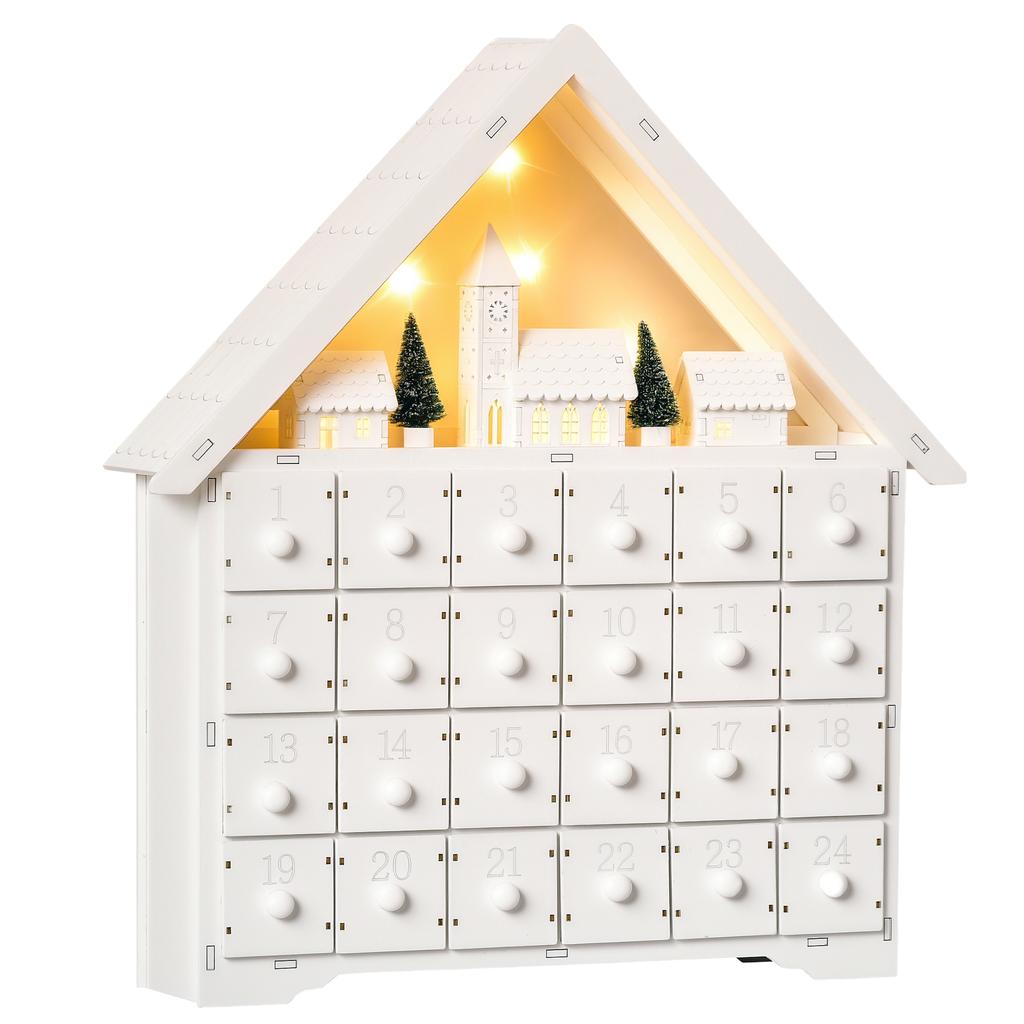 Advent calendar Christmas decoration Christmas decor, 24 drawers, LED lights, 39 cm x 9 cm x 42 cm, white + green