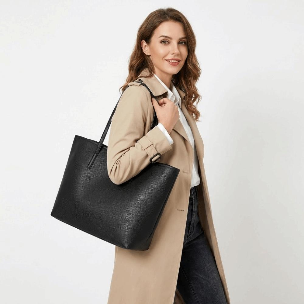 Fashion Litchi Texture Tote Bag Leather Large Capacity Shoulder Bag Crossbody Snap Button Design Handbags Women