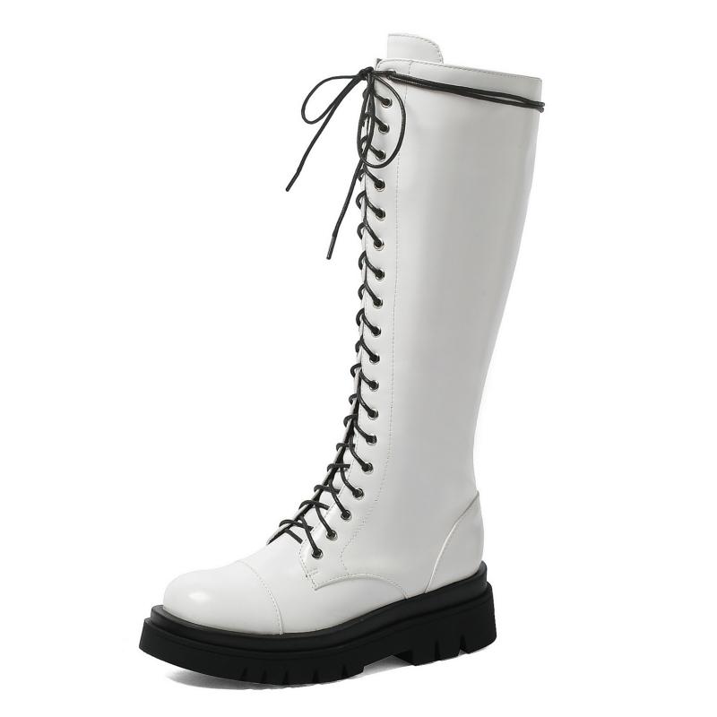 Fashion Fur Winter High Boots Women Shoes Lace Up Women's Knee High Boots Platform Waterproof Black White Long Combat Boot Shoes