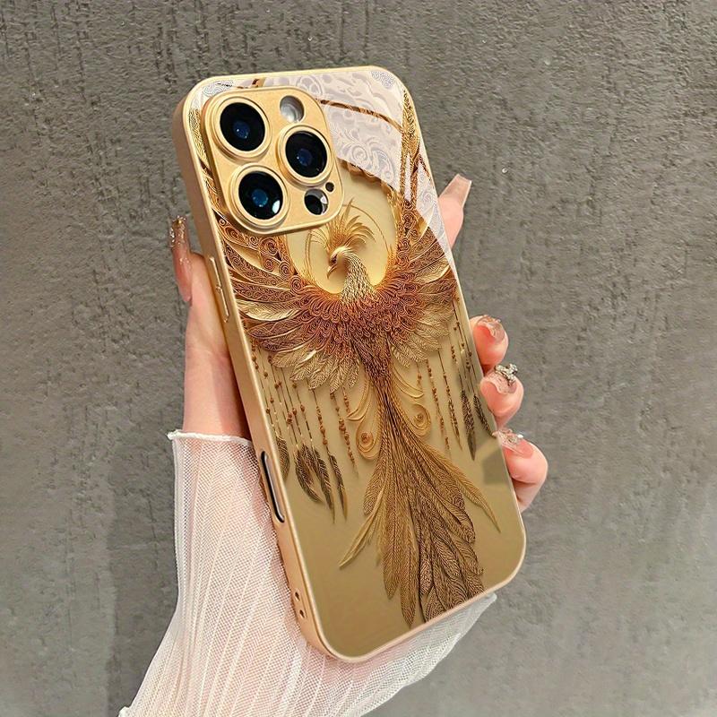 Стеклянный чехол для телефона с узором «Золотой Феникс» для iPhone 16 Pro Max 16E 15 Pro 14 Plus 13 Pro Max 12 11 Pro. Модный и стильный