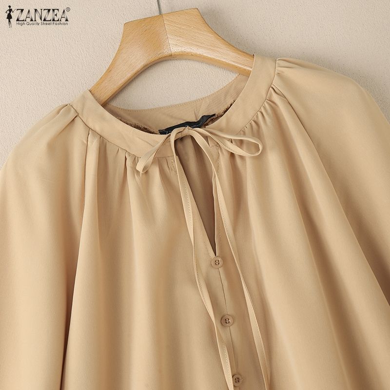 ZANZEA Женская повседневная свободная блузка с длинным рукавом и круглым вырезом