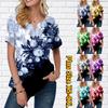 Women Summer T Shirt Blue Flowers Print Short Sleeve Tees Casual Tops Small V-neck Short Sleeves