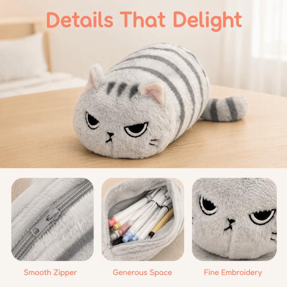 Kawaii Gray Cat Plush Pencil Case Cute Cat Stationery Case Gray Cat Makeup Bag Back To School