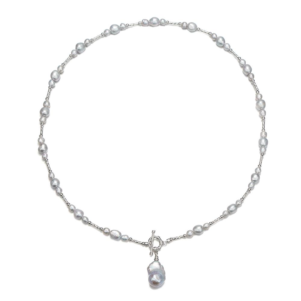 Elegant and Radiant, Many Gray Baroque Shapes, Medium-long 64cm Pearl Necklace with OT Clasp and Fishtail Pendant
