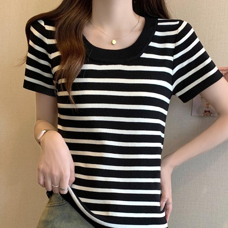 Женские свитера, пуловеры, 2025, лето, короткий рукав, О-образный вырез, полосатый белый черный вязаный свитер, женские топы, пуловер JJ215