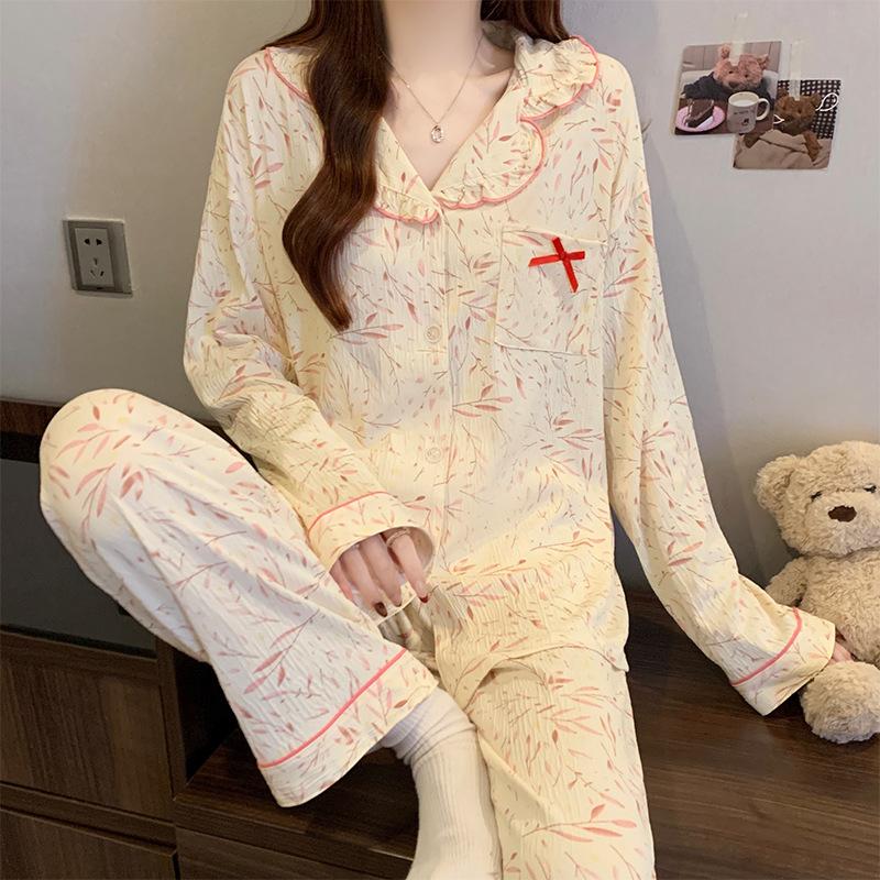Весна и осень, новые женские пижамы, домашняя одежда, комплект для девочек, студенток, пижамы с длинными рукавами, тонкие брюки, домашняя одежда, костюм из двух частей