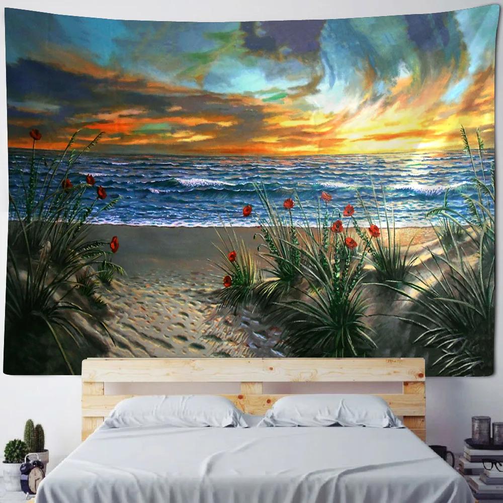 Cherry Blossom Landscape Tapestry Dreamy Oil Painting Wall Hanging Decorative Art for Living Rooms
