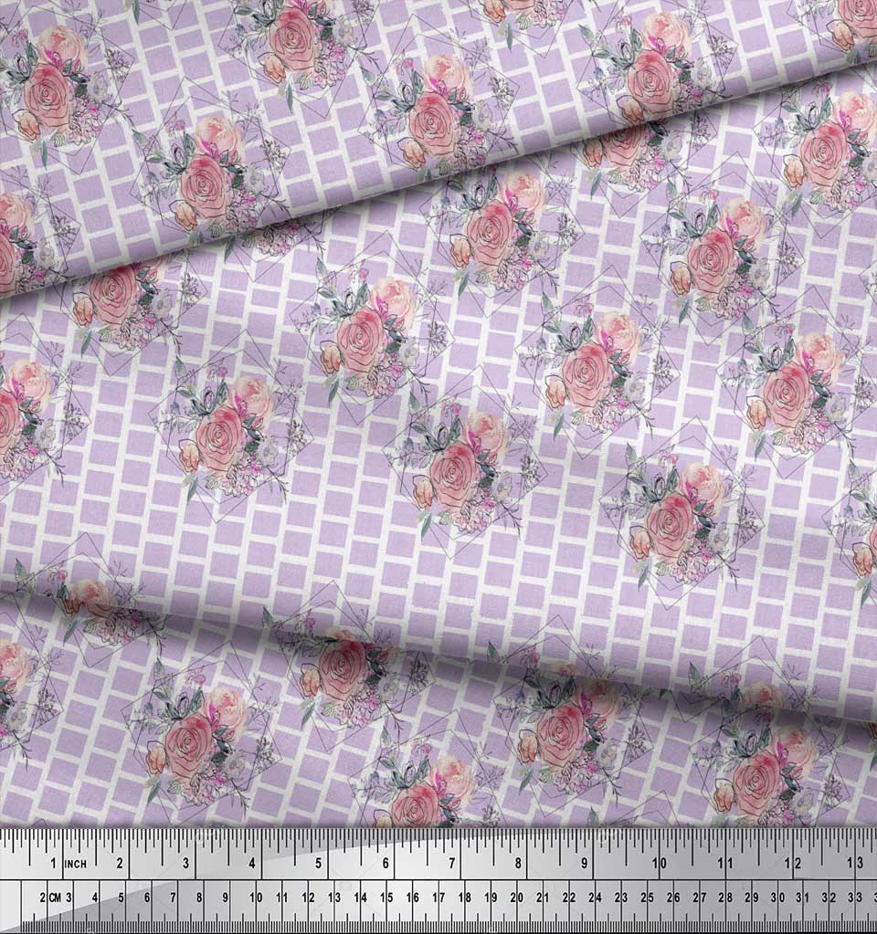 Soimoi Gray Poly Crepe Fabric Square & Rose Floral Print Sewing Fabric metre 42 Inch