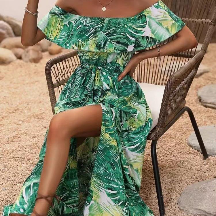 Women Summer Casual One Shoulder Sleeveless Flower Print Dress High Waist A-Line Belt Slit Ankle-Length Collar Dresses Spring