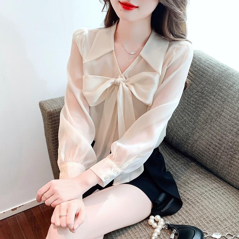 Мода 2024 Осень Длинный рукав Лук Отложной воротник Повседневный Абрикосовый шифон Блузка Рубашка Женские топы Блузки Рубашки J540