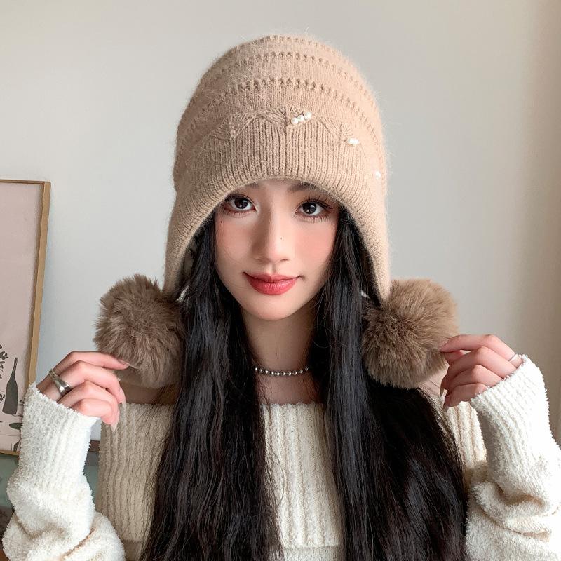 Осенне-зимняя шапка из кроличьего пуха для женщин, вязаная шерстяная шапка с жемчужным кружевом и помпоном для тепла и защиты от холода, шапка с защитой ушей, тренд