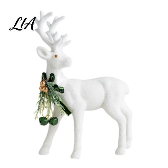 Winter Theme Table Centerpieces White Flocked Elk Ornament, Ribbon Bell Decor 3D Standing Deer Elegant Plastic Christmas Crafts Figurine, Decorative