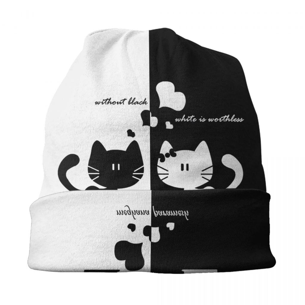 Черно-белая шапка-бини с рисунком кота, унисекс, зимняя теплая шапка, Homme, вязаные шапки, уличные уличные шапки с черепами, шапки