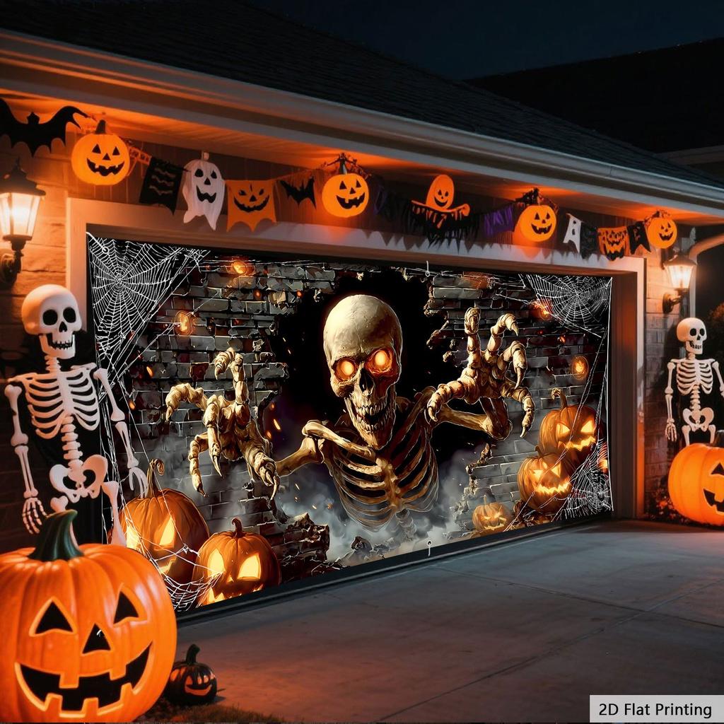 1pc Extra Large Halloween Garage Door Decoration - Scary Skull Breaking Through the Wall with Glowing Eyes, Spider Webs