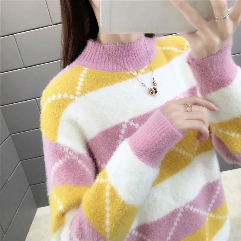 Mink Fleece Half Turtleneck Sweater Women's Autumn and Winter Loose Color Matching Long-sleeved Knitted Bottoming Shirt Ladies Elegant Knitted Sweater