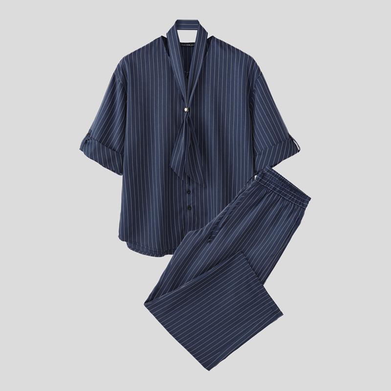 INCERUN 2 ШТ. Мужская рубашка с завязками на шее, с короткими рукавами, длинные прямые брюки, полосатые комплекты