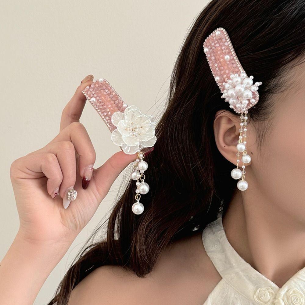 Flower Pearl Tassel Barrettes Elegant Chinese Style Side Clip Bling Crystal Hairpins  Party