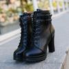 2025 Autumn/Winter New Women's Velvet High Heels Short Boots Thick Heels Round Head Lace Riveted Leather Boots
