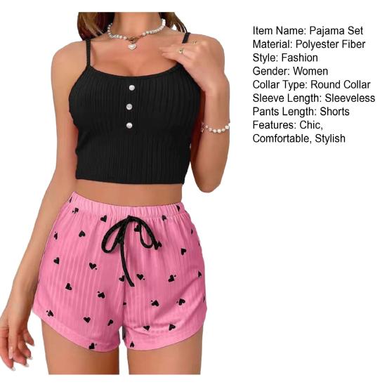 Women's Cami Pajama Set Summer Sleeveless Crop Top And Heart Print Shorts Sleepewear 2 Piece Ribbed Knit Pjs Lounge Set