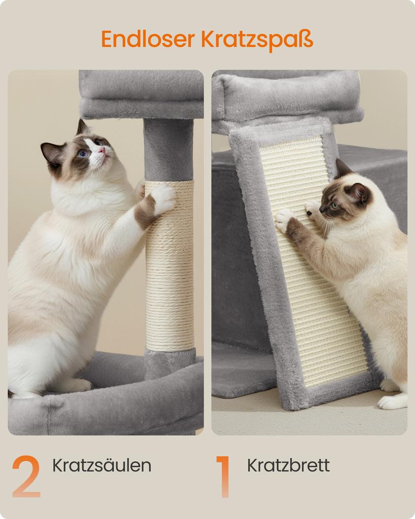 Feandrea Cat Tree Tower Condo with 2 Beds, Scratching Posts and Ramp, for Small and Medium Cats, Dove Grey