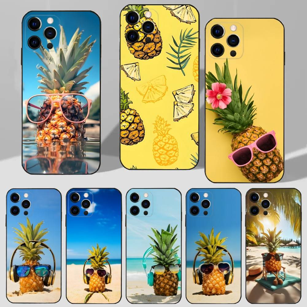 Cute Pineapple Fruit Art Case For iPhone 16,15,17,14,13,12,11 Plus,Pro Max,XS,X,XR,SE,Mini,8,7 Soft Silicone Black Cover
