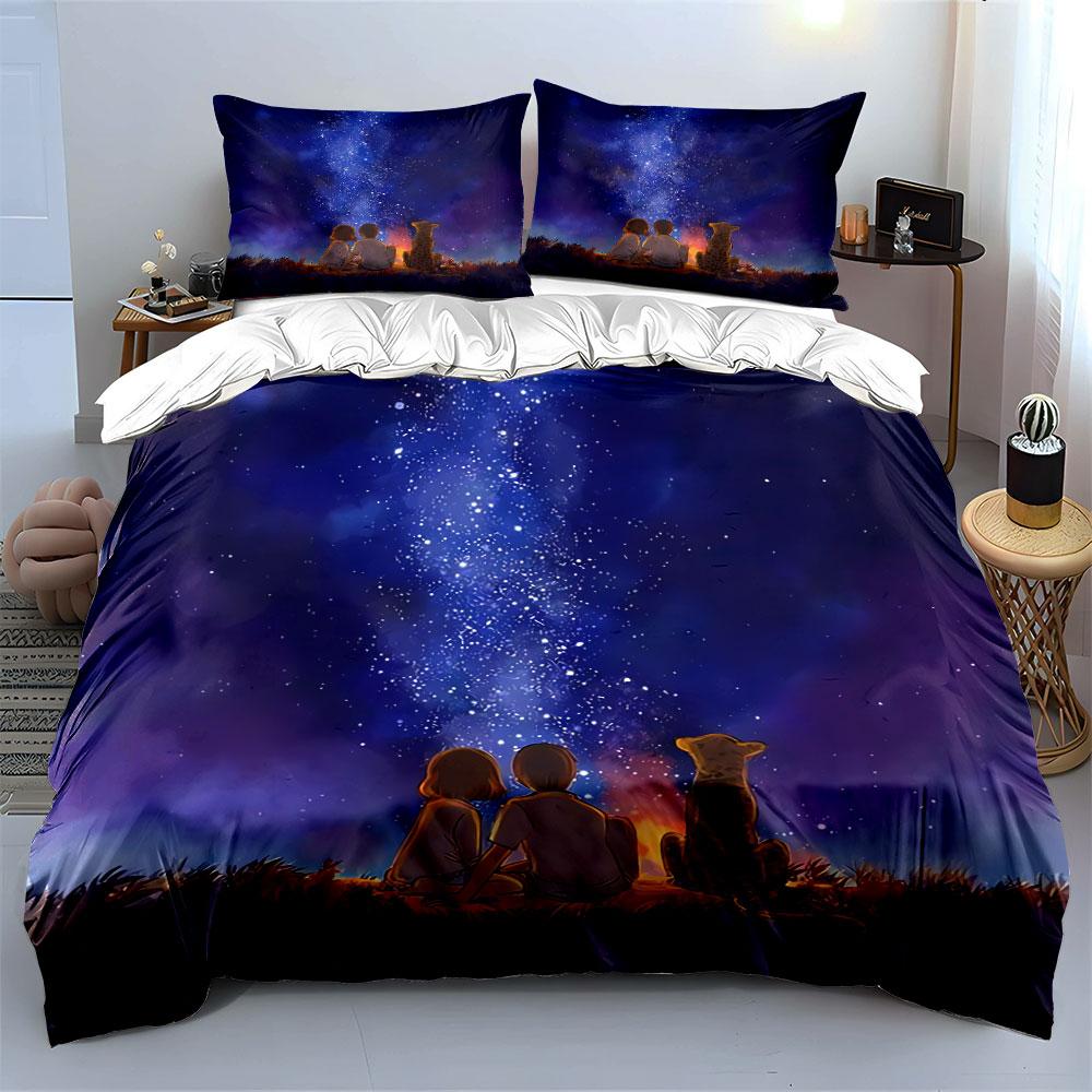 Starry Night Camping Scene Bedding Duvet Cover Set Duvet Cover Pillowcases (1*Duvet Cover 2*Pillowcases, without duvet insert)