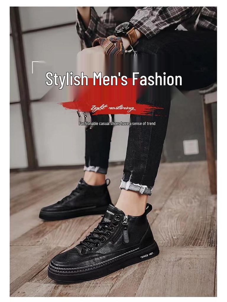 Мужские зимние высокие кожаные ботинки на плюшевой подкладке - Модные повседневные мартинсы для снега