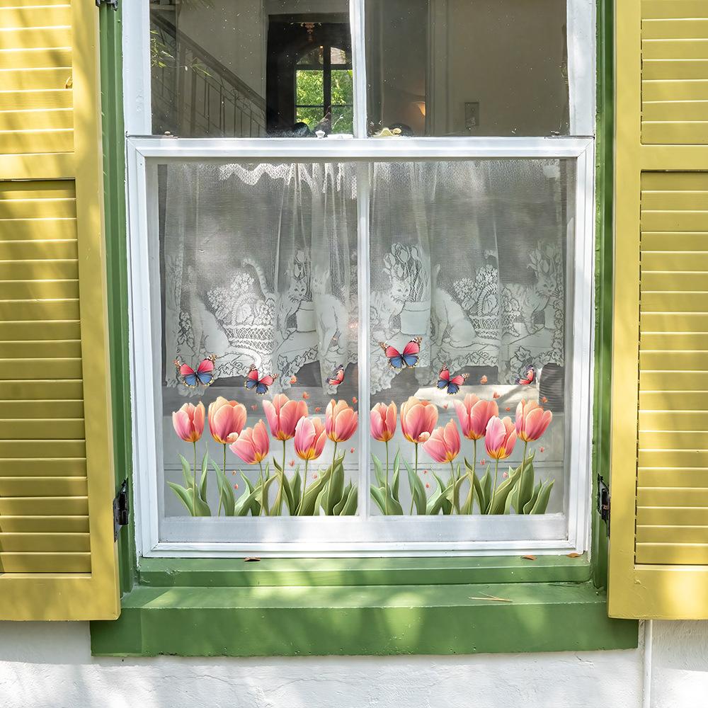Раскрашенные розовые тюльпаны Балконные стеклянные окна Украшение и декор дома Статические наклейки на окна