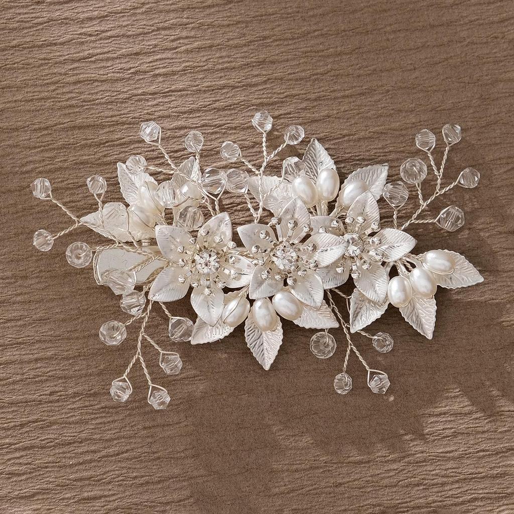 Сделанный вручную свадебный гребень для волос с цветком из жемчуга и страз и листьями