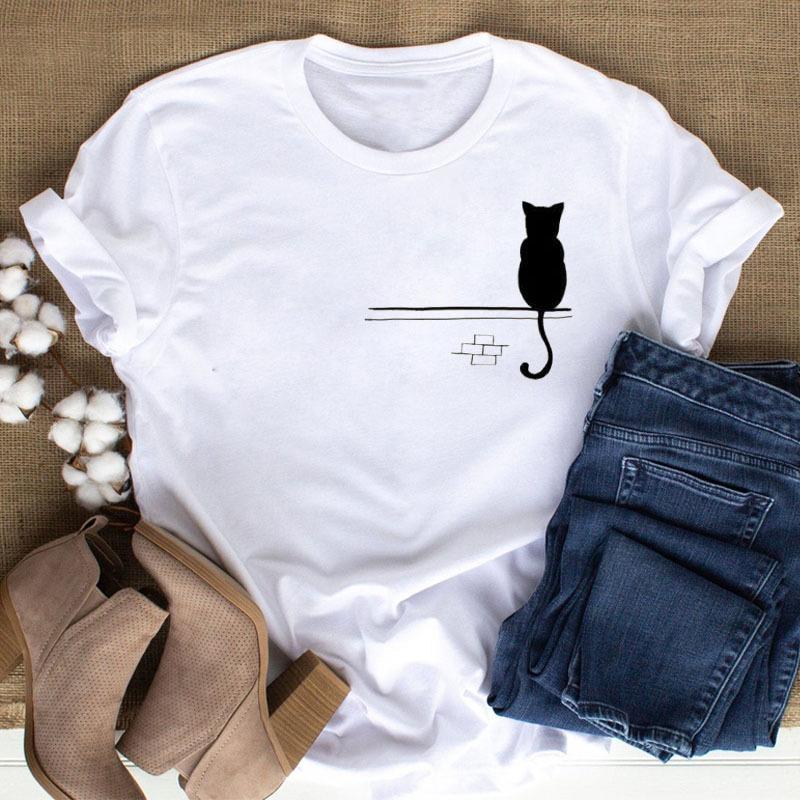 100% Polyester Women's Summer Casual Top with Cute Cat Dog Paw Print round Neck Short Sleeve T-shirt Fashion High Street Style gift