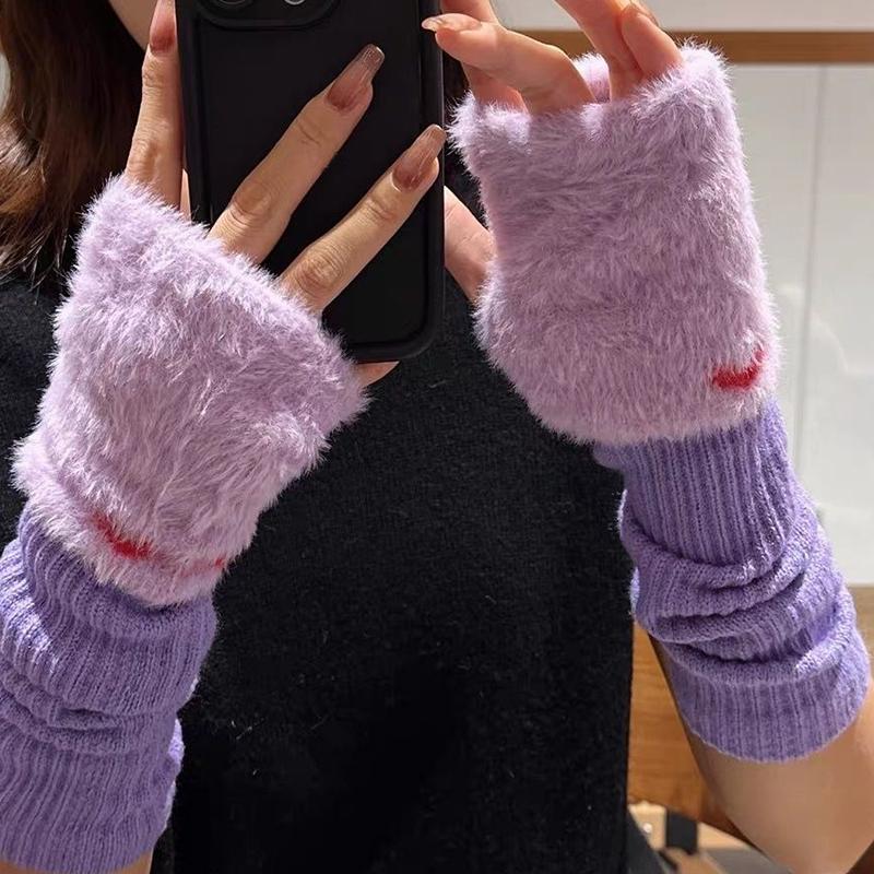 1Pair Knitted Pile Sleeves Protect Your Arms Sleeve Winter Half Finger Gloves