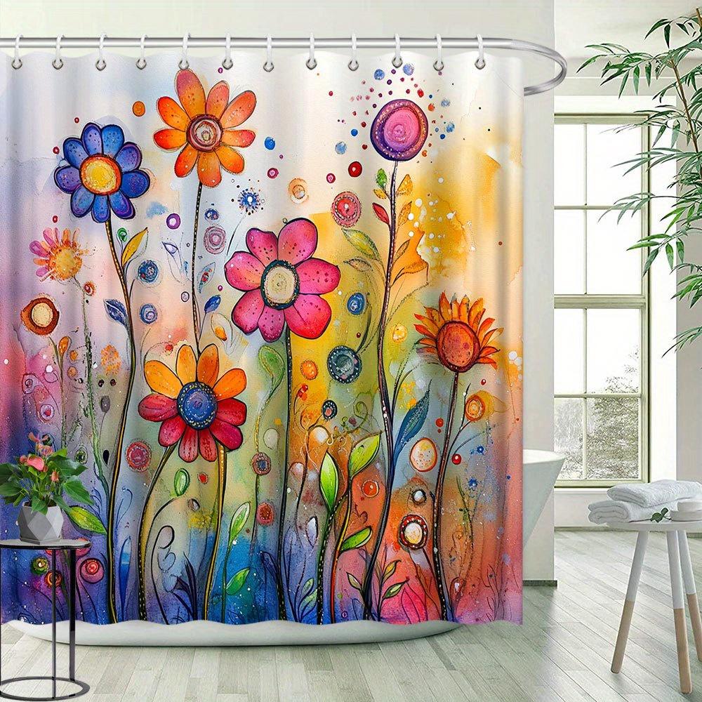 Floral Pattern Shower Curtain - Colorful Creative Design, Polyester Bathroom Decor,  12 Hooks