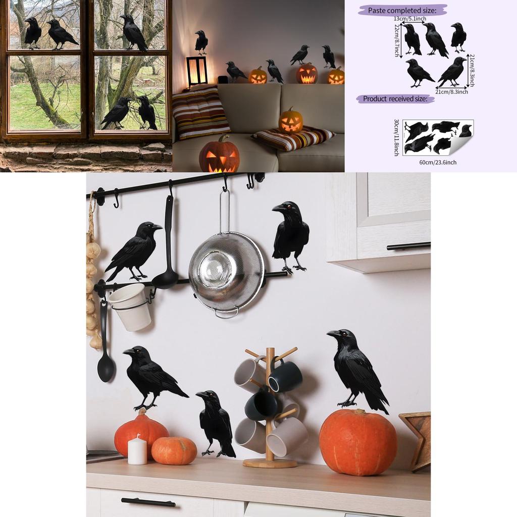 Halloween Themed Black Crow Glass Wall Sticker For Dining Room And Entryway